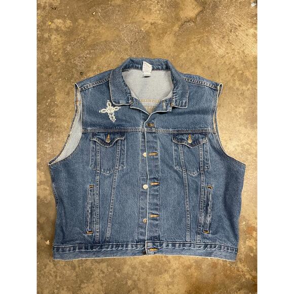 FAITH Riders Mens Dark Blue Pockets Embroidered Denim Biker Vest Jacket Size 2XL - Picture 1 of 5